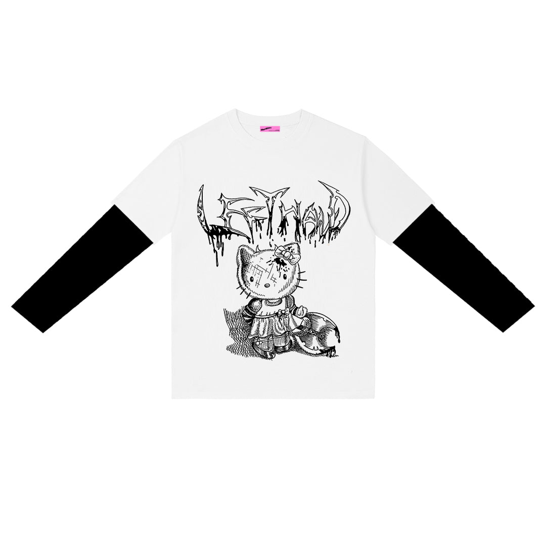 Punk Loose Long-Sleeved Striped Fake Two Cartoon Dark T-Shirts - Street Beats Clothing