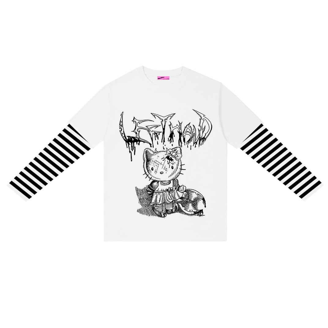 Punk Loose Long-Sleeved Striped Fake Two Cartoon Dark T-Shirts - Street Beats Clothing