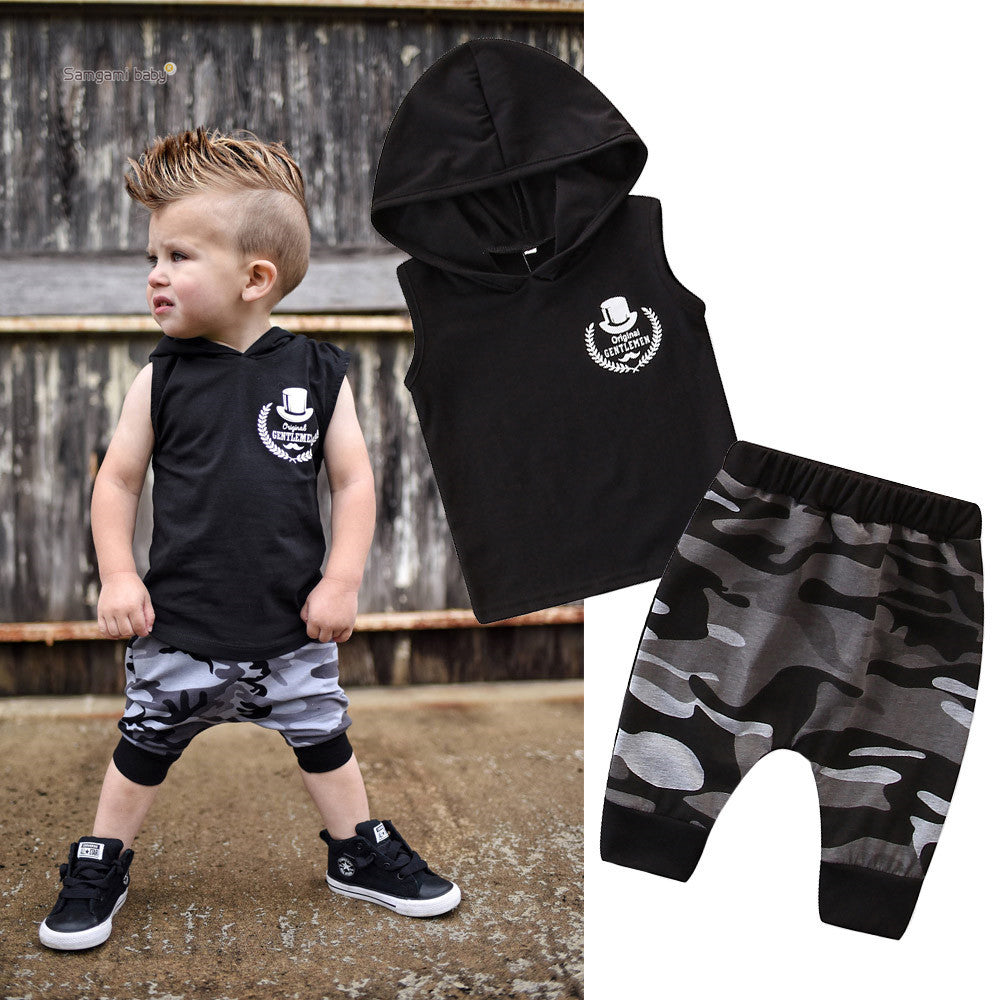 2PCS Toddler Kids Baby Boy Sleeveless Hooded Clothes T-shirt Tops Camo Pants Outfits - Street Beats Clothing