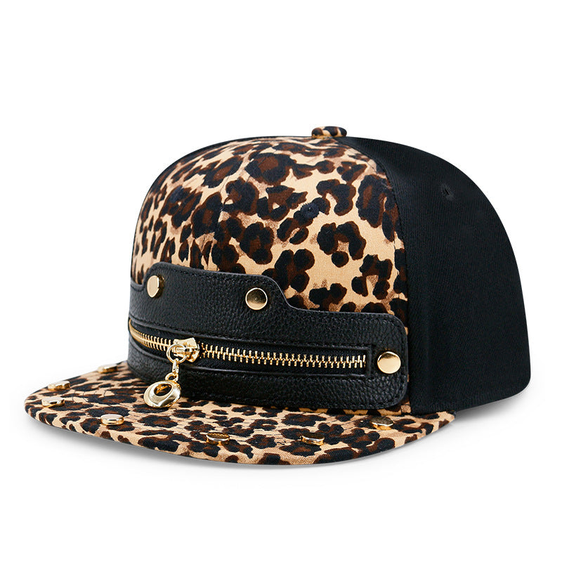 Hip-hop  Leopard Print Zipper Leather Flat Brim Hat