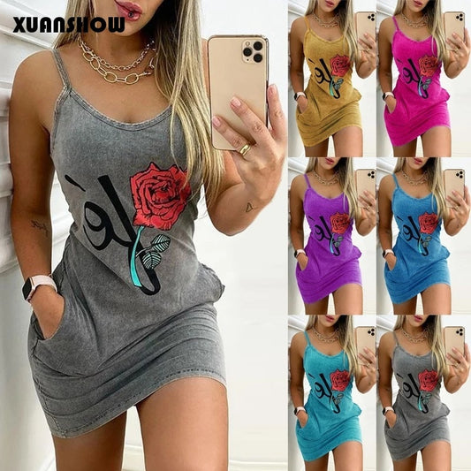 Sexy Straps Dress Women Summer Fashion Flower Print Pocket Sleeveless Club Party Casual Backless Ladies Mini Dress