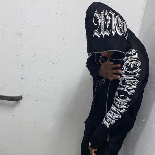 Punk Gothic Letter Print Hoddie Y2k For Men Full Zip Hoodie