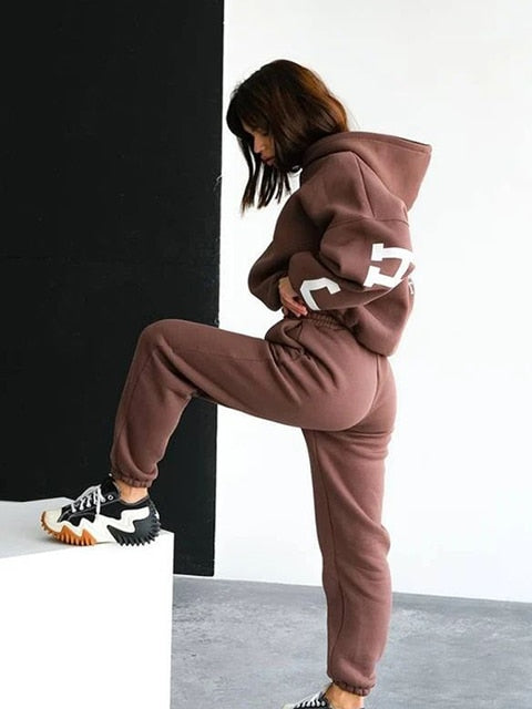 Casual Letter Women Tracksuit Fashion Fleece Long Sleeve Hoodie Long Pant Two Pieces Set 2022 Autumn Winter Ladies Sport Outfits