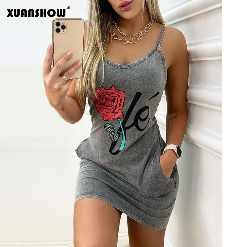 Sexy Straps Dress Women Summer Fashion Flower Print Pocket Sleeveless Club Party Casual Backless Ladies Mini Dress